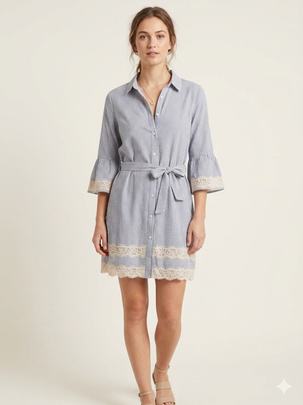 Dex Striped Shirt Dress Robe in Blue with Cream Lace Trim Large